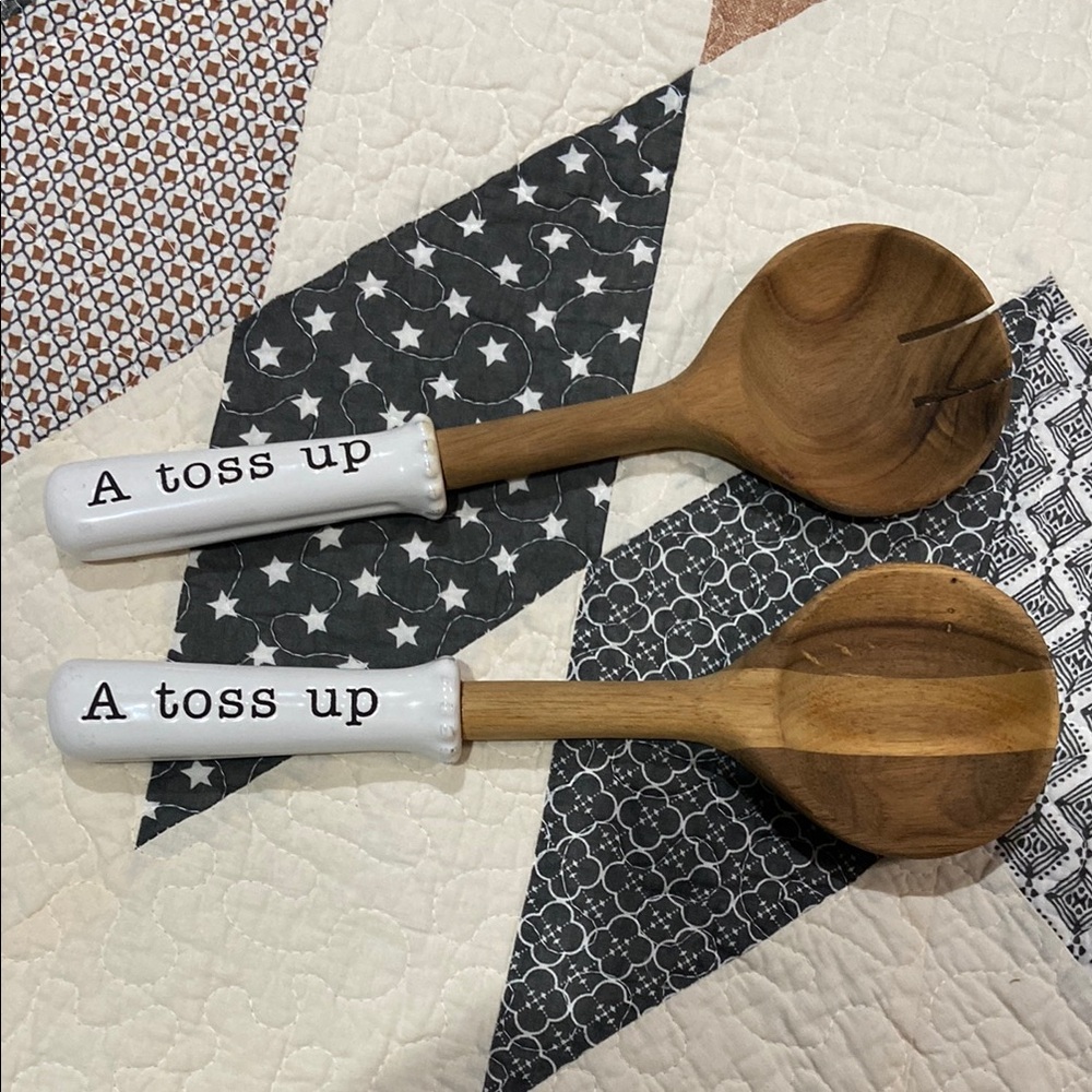 Mud Pie Wooden Salad Servers with White Handles